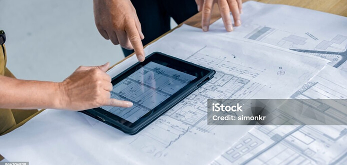 Photo of construction plans on a tablet device