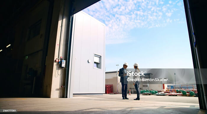 Two men standing at the entrance of a hangar